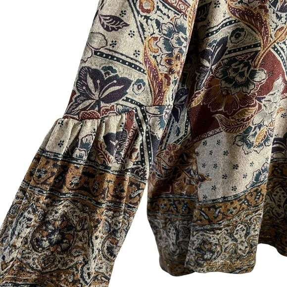 World Unity Blouse XL Floral Gray Red Knit Pullover 3/4 Balloon Sleeves Stretch - Picture 7 of 9